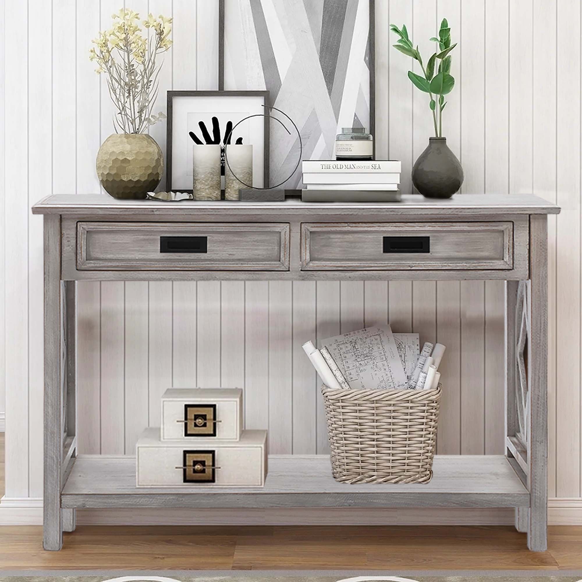 Kenvary Rustic Wood Console Table with 2 Drawers, Coastal Farmhouse Sofa Table with Open Storage Shelf & Geometric Cutout Sides, Distressed White-Washed Entryway Accent Credenza for Living Room & Hallway